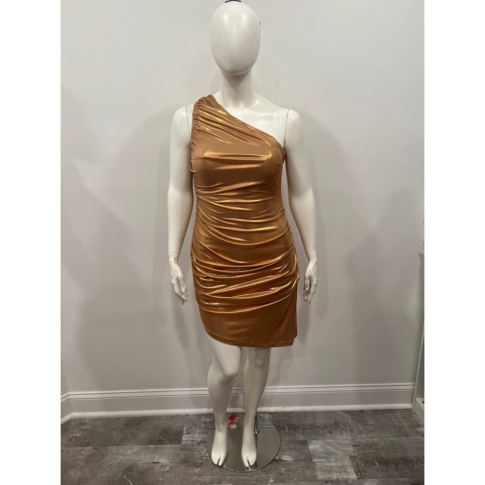 Fashion Nova Dress Womens 1X Copper Excellent One Shoulder Ruched Metallic Mini